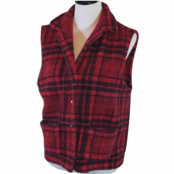 Talbots M‎ Red Buffalo plaid fleece collared vest - Picture 1 of 6